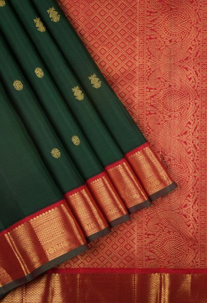 Pine Green Kanchipuram Silk Sarees with Gold Zari Buttis (small Dots Or Motifs)