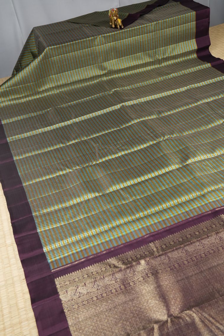 Olive Green Kanchipuram Silk Sarees with Gold And Silver Zari Checks view 2