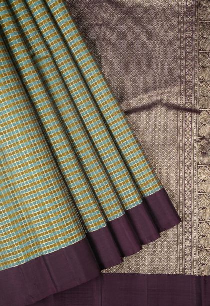 Olive Green Kanchipuram Silk Sarees with Gold And Silver Zari Checks