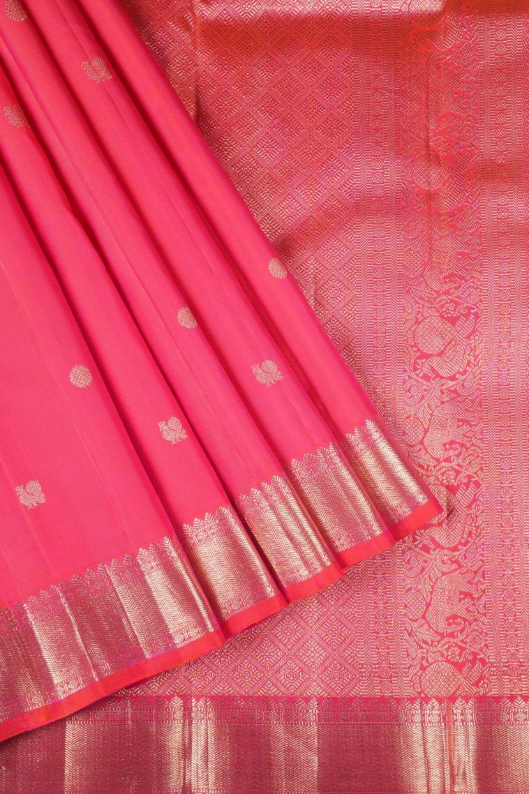 Punch Pink Kanchipuram Silk Sarees with Gold Zari Peacock Motifs view 1
