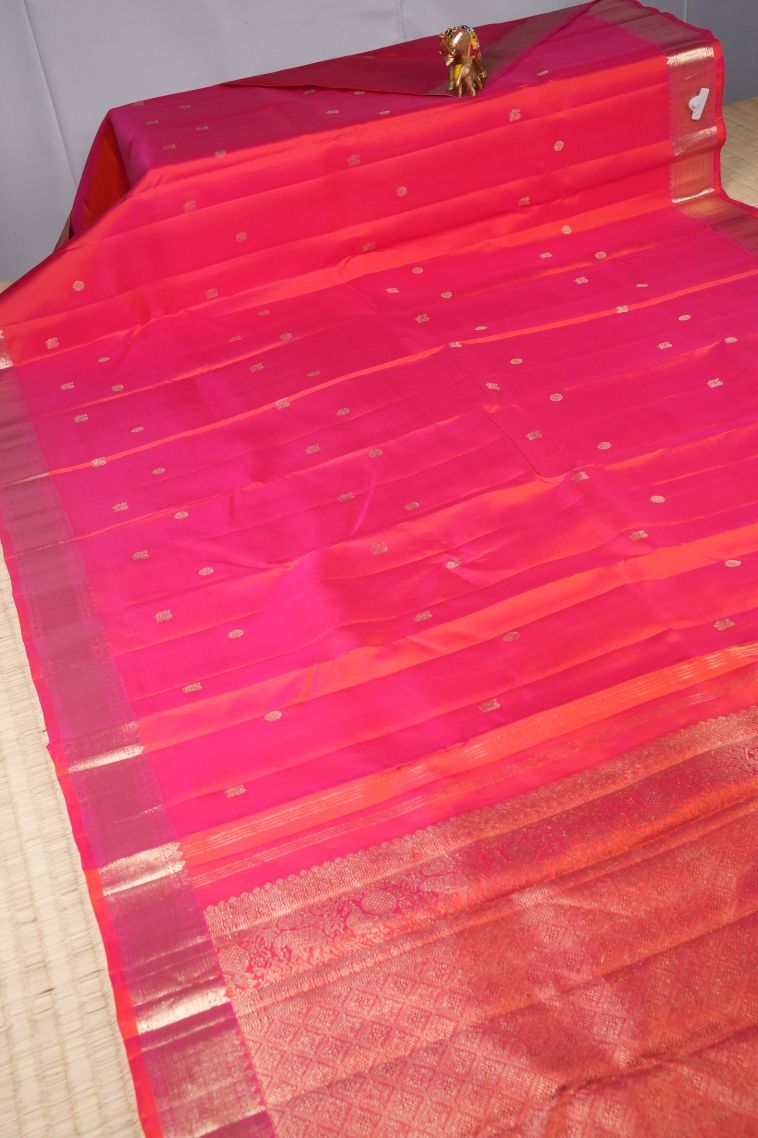 Punch Pink Kanchipuram Silk Sarees with Gold Zari Peacock Motifs view 2