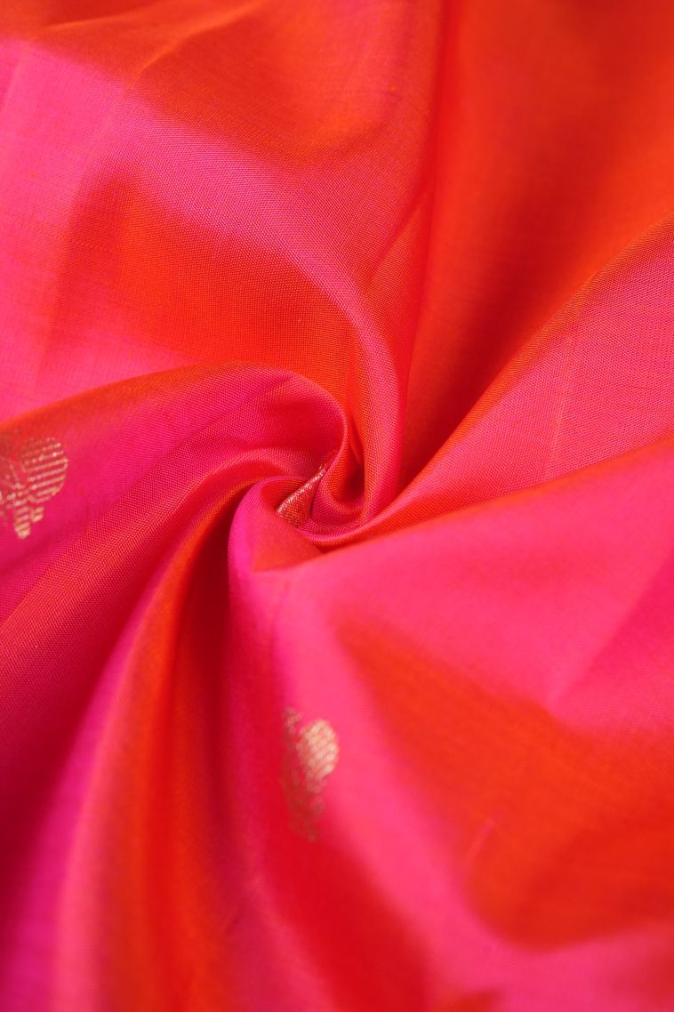 Punch Pink Kanchipuram Silk Sarees with Gold Zari Peacock Motifs view 4