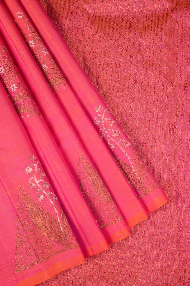 Strawberry Pink Kanchipuram Silk Sarees with Gold Zari Floral Patterns view 1