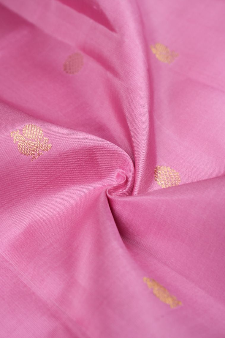 Lean Pink Kanchipuram Silk Sarees with Gold Zari Peacock Motifs view 4