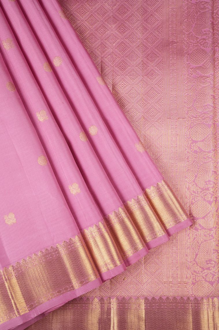 Lean Pink Kanchipuram Silk Sarees with Gold Zari Peacock Motifs view 1