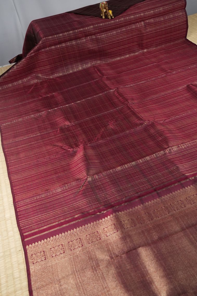 Apple Red Kanchipuram Silk Sarees with Gold Zari Checks view 2