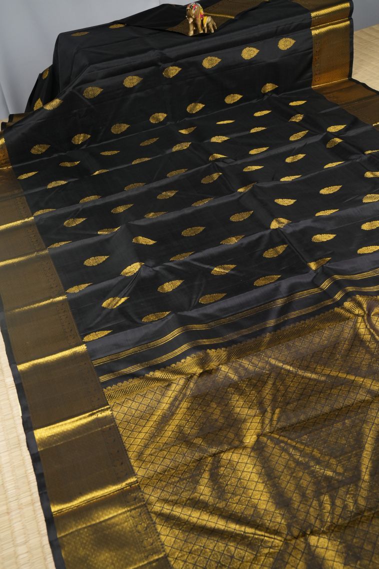 Rock Black Kanchipuram Silk Sarees with Gold Zari Buttis (small Dots Or Motifs) view 2