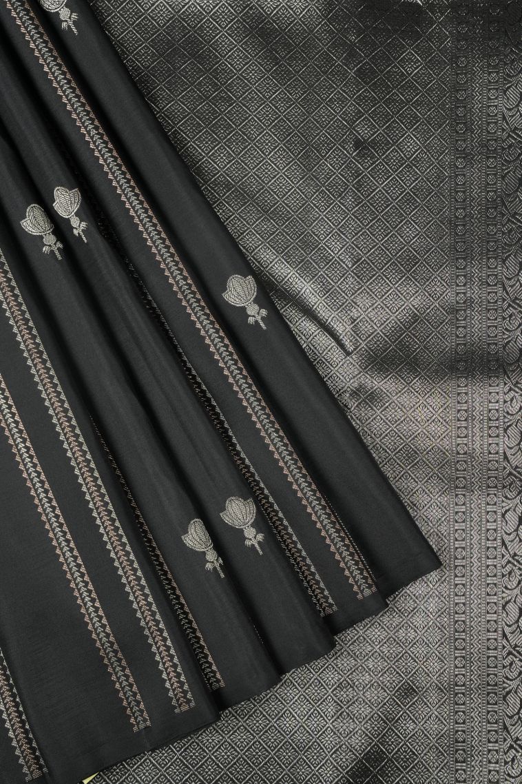 Rock Black Kanchipuram Silk Sarees with Gold And Silver Zari Stripes view 1