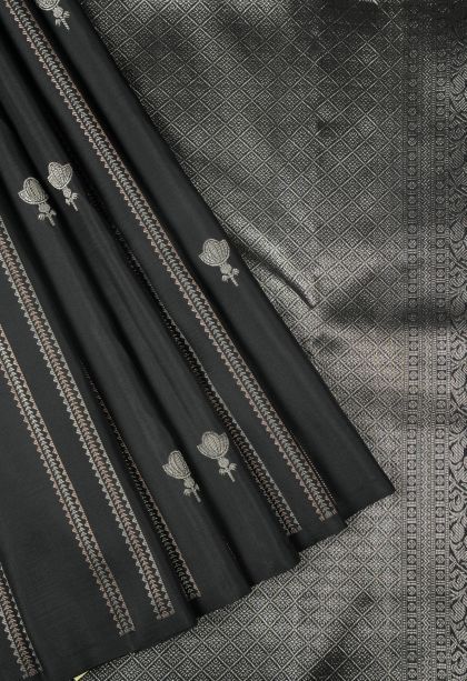 Rock Black Kanchipuram Silk Sarees with Gold And Silver Zari Stripes