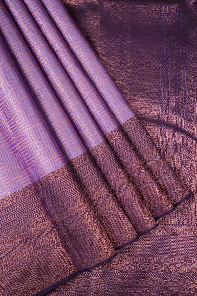 Lilac Purple Kanchipuram Silk Sarees with Gold Zari Geometric Shapes view 1