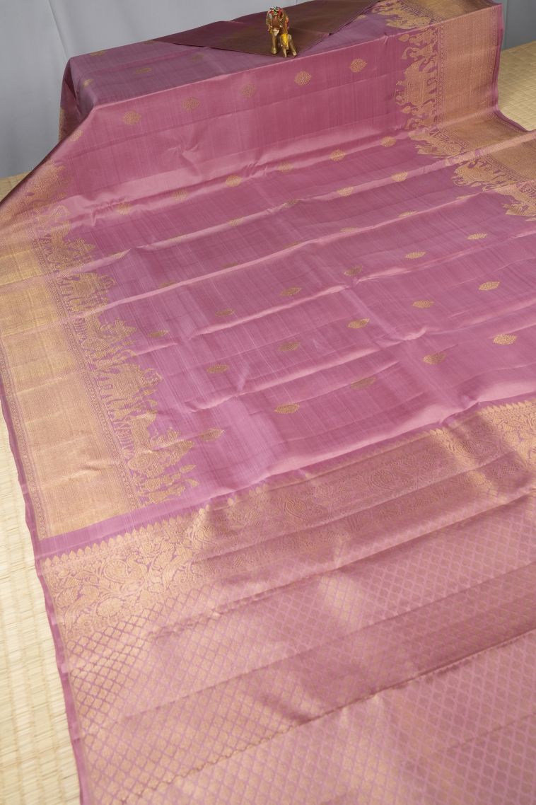 Lemonade Pink Kanchipuram Silk Sarees with Gold Zari Buttis (small Dots Or Motifs) view 2