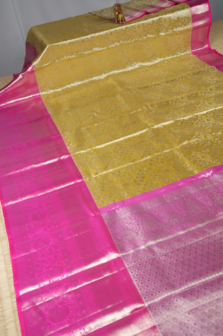 Sand Yellow Kanchipuram Silk Sarees with Silver Zari Floral Patterns view 2