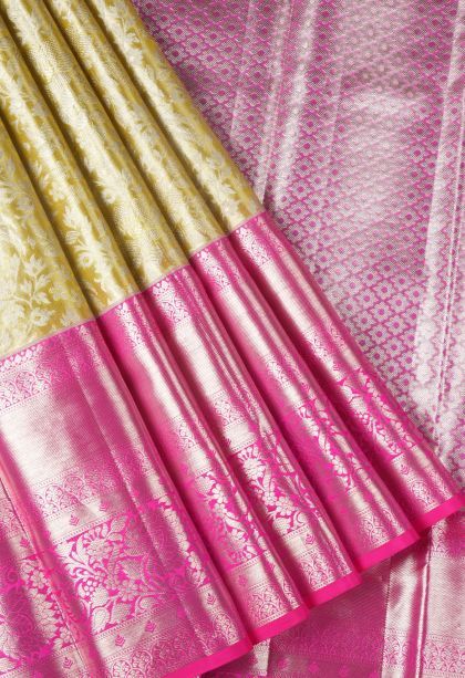 Sand Yellow Kanchipuram Silk Sarees with Silver Zari Floral Patterns