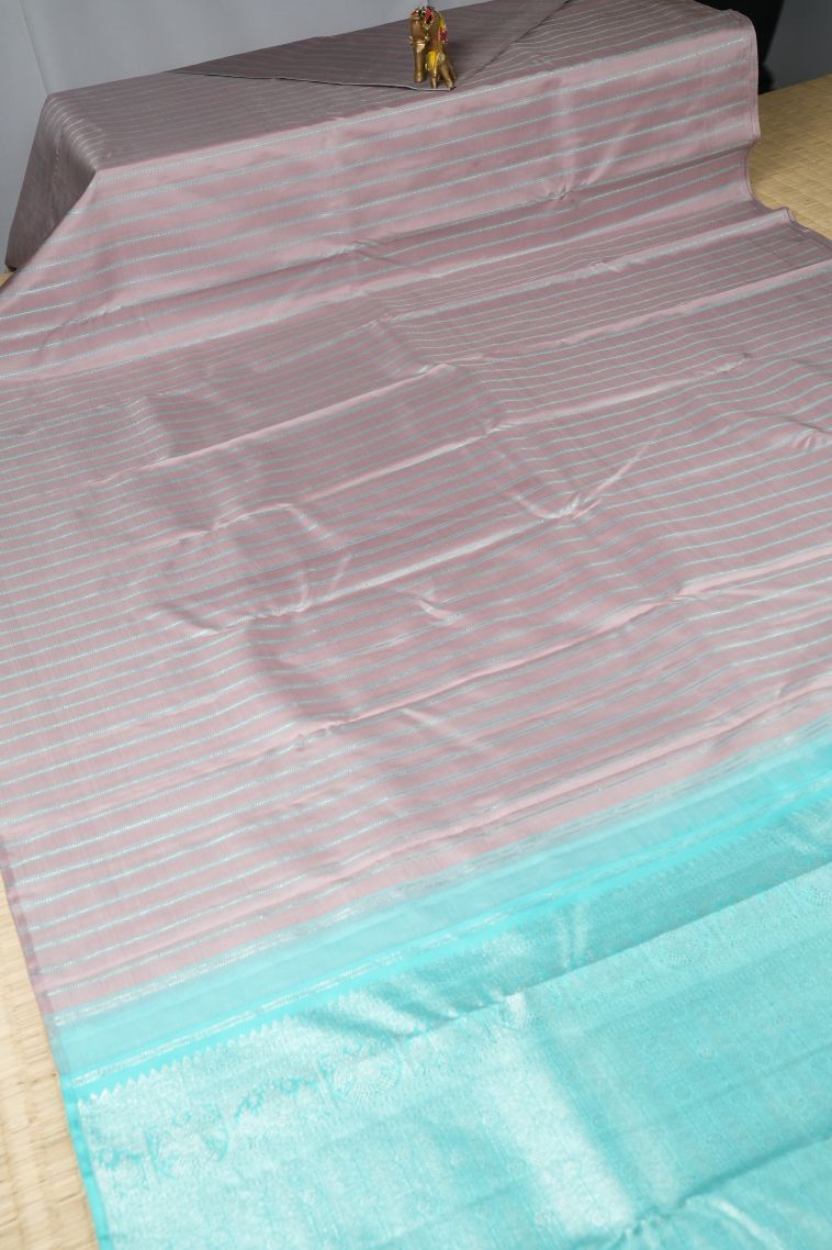 Crepe Pink Kanchipuram Silk Sarees with Silver Zari Stripes view 2