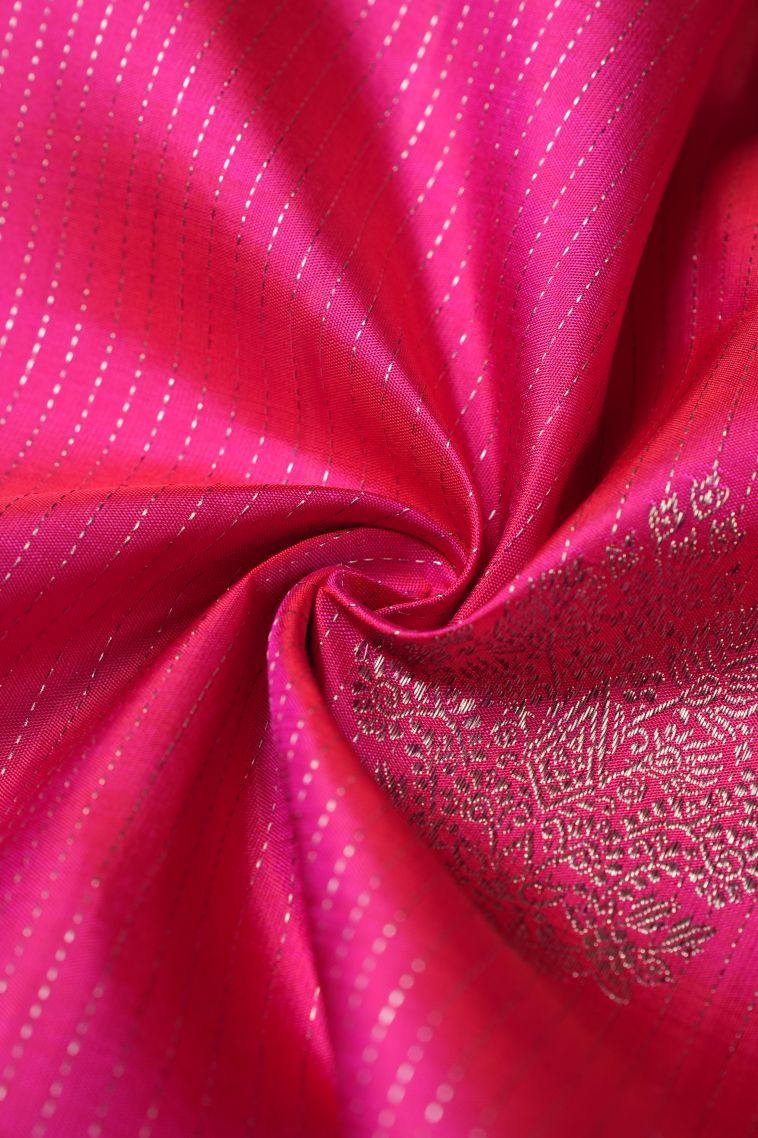 Magenta  Pink Kanchipuram Silk Sarees with Silver Zari Stripes view 4