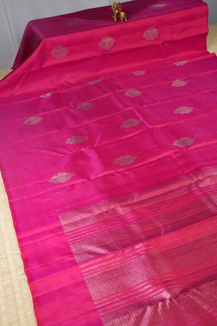 Magenta  Pink Kanchipuram Silk Sarees with Silver Zari Stripes view 2