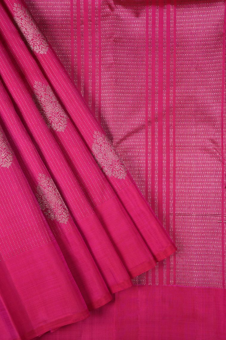 Magenta  Pink Kanchipuram Silk Sarees with Silver Zari Stripes view 1