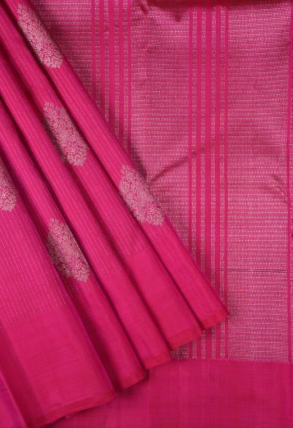 Magenta  Pink Kanchipuram Silk Sarees with Silver Zari Stripes