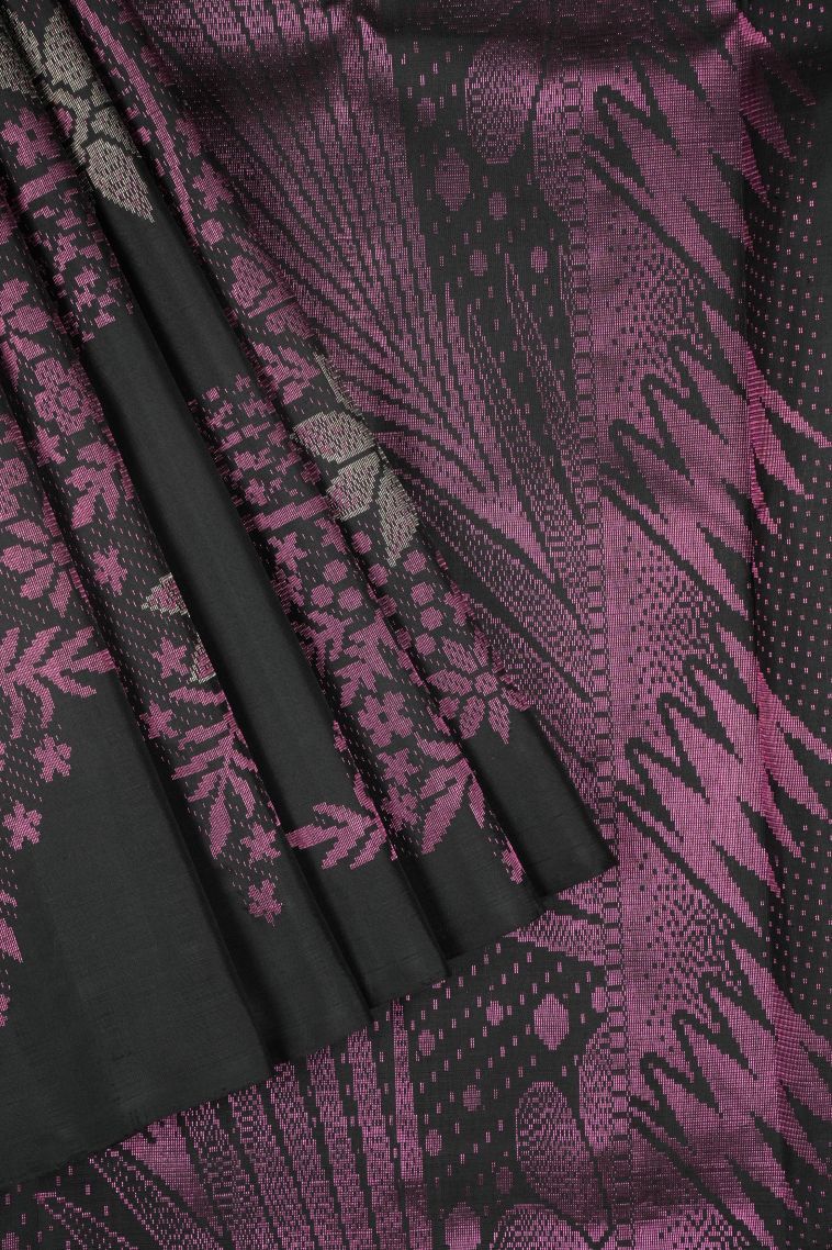 Rock Black Kanchipuram Silk Sarees with Silver Zari Floral Patterns view 1