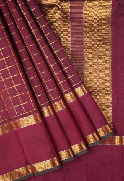 Cherry  Red Kanchipuram Silk Sarees with Gold Zari Checks