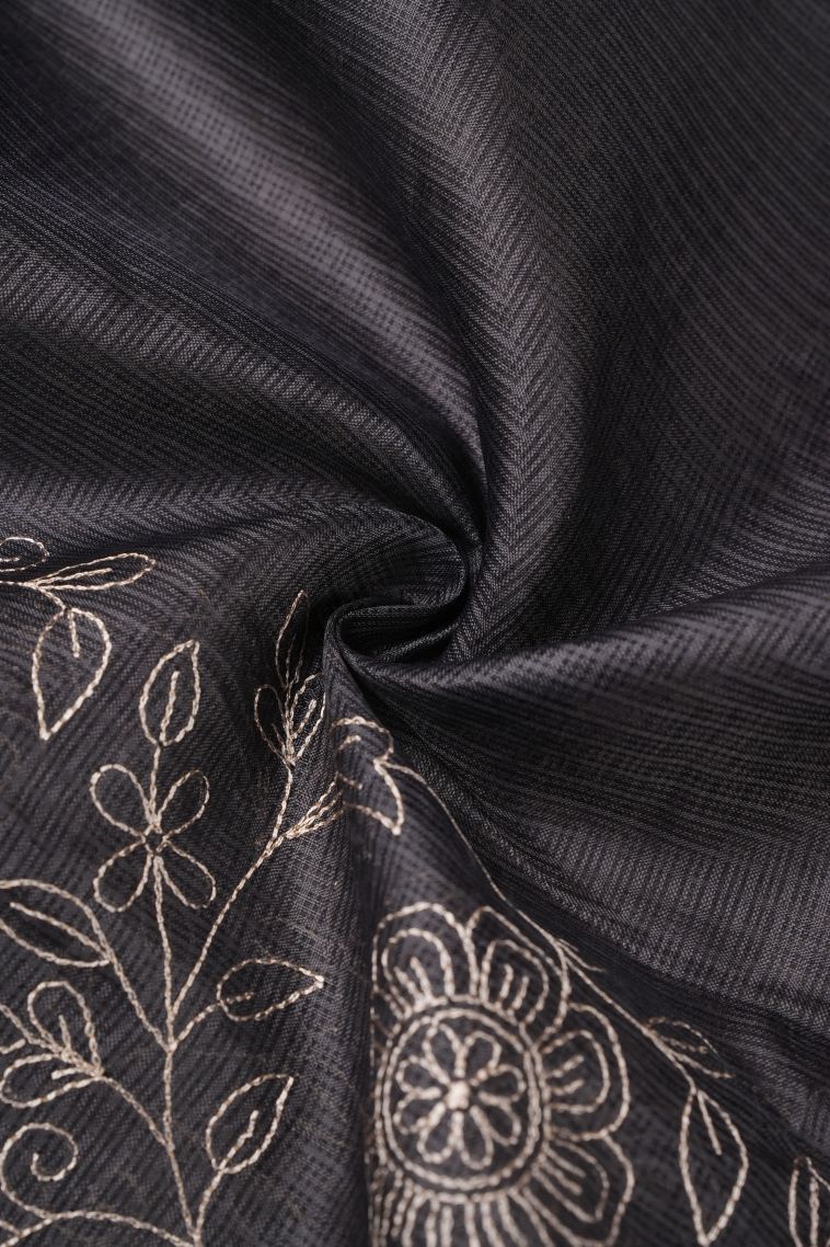 Gray Black Tussar Saree with Without Zari Zari Floral Patterns view 4