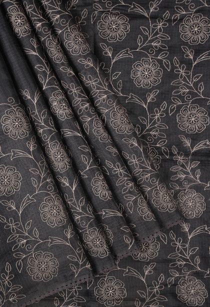 Gray Black Tussar Saree with Without Zari Zari Floral Patterns