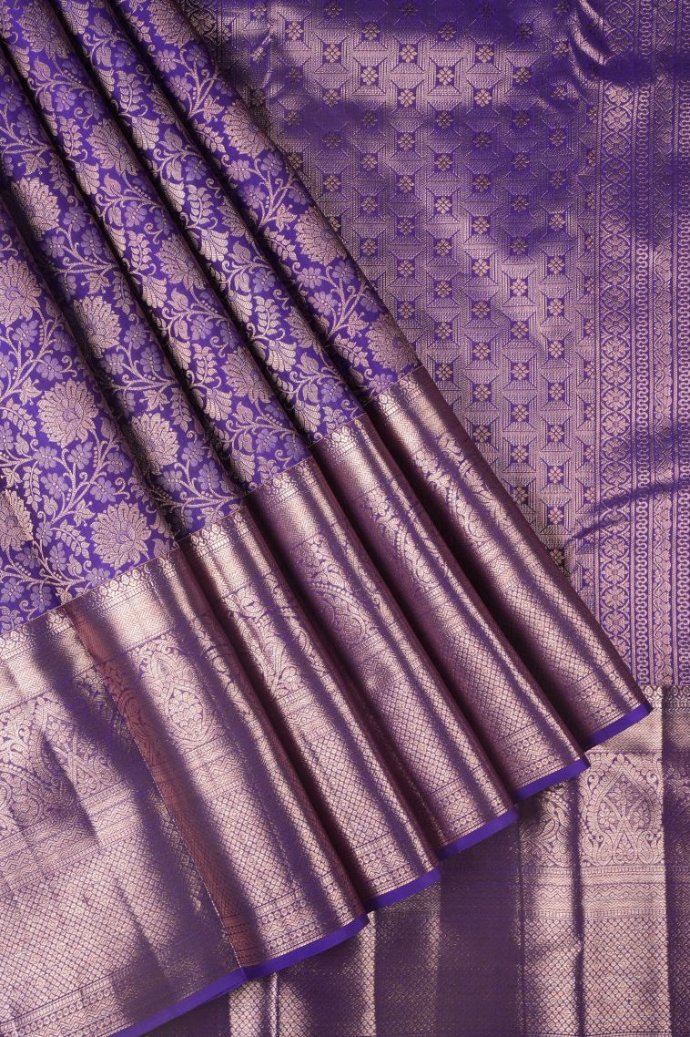Magenta Purple Kanchipuram Silk Sarees with Copper Zari Floral Patterns view 1