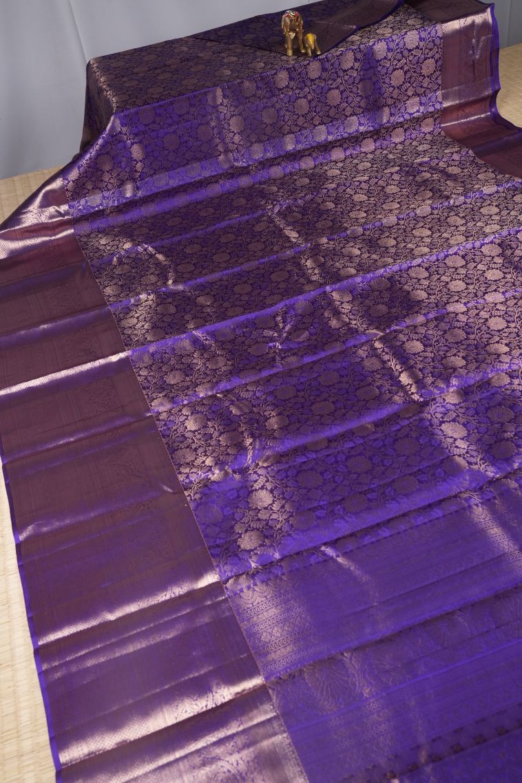 Magenta Purple Kanchipuram Silk Sarees with Copper Zari Floral Patterns view 2