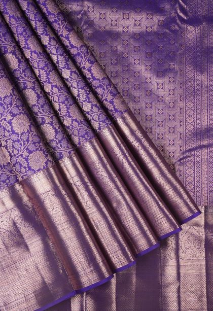 Magenta Purple Kanchipuram Silk Sarees with Copper Zari Floral Patterns