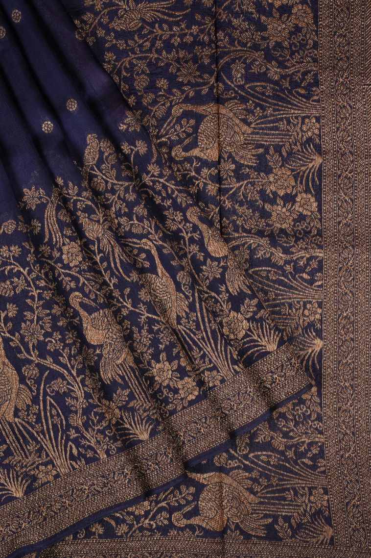 Berry Blue Banaras Sarees with Gold Zari Buttis (small Dots Or Motifs) view 1