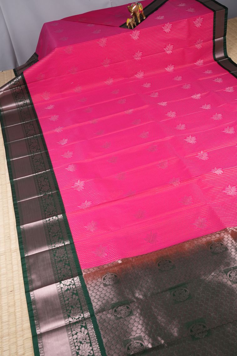 Hot Pink Visiri Madippu Silk Sarees with Copper Zari Buttis (small Dots Or Motifs) view 2