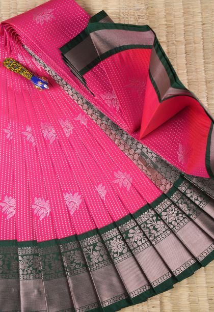 Hot Pink Visiri Madippu Silk Sarees with Copper Zari Buttis (small Dots Or Motifs)