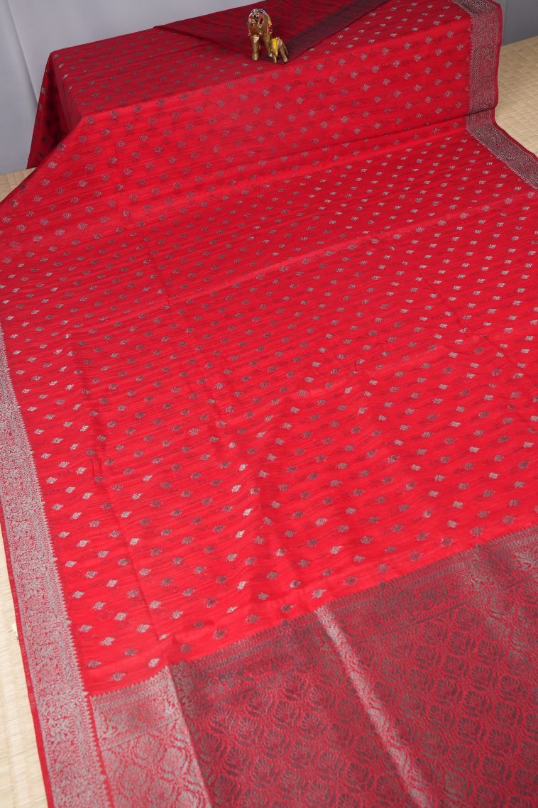 Rose  Red Tussar Saree with Bronze Zari Buttis (small Dots Or Motifs) view 2