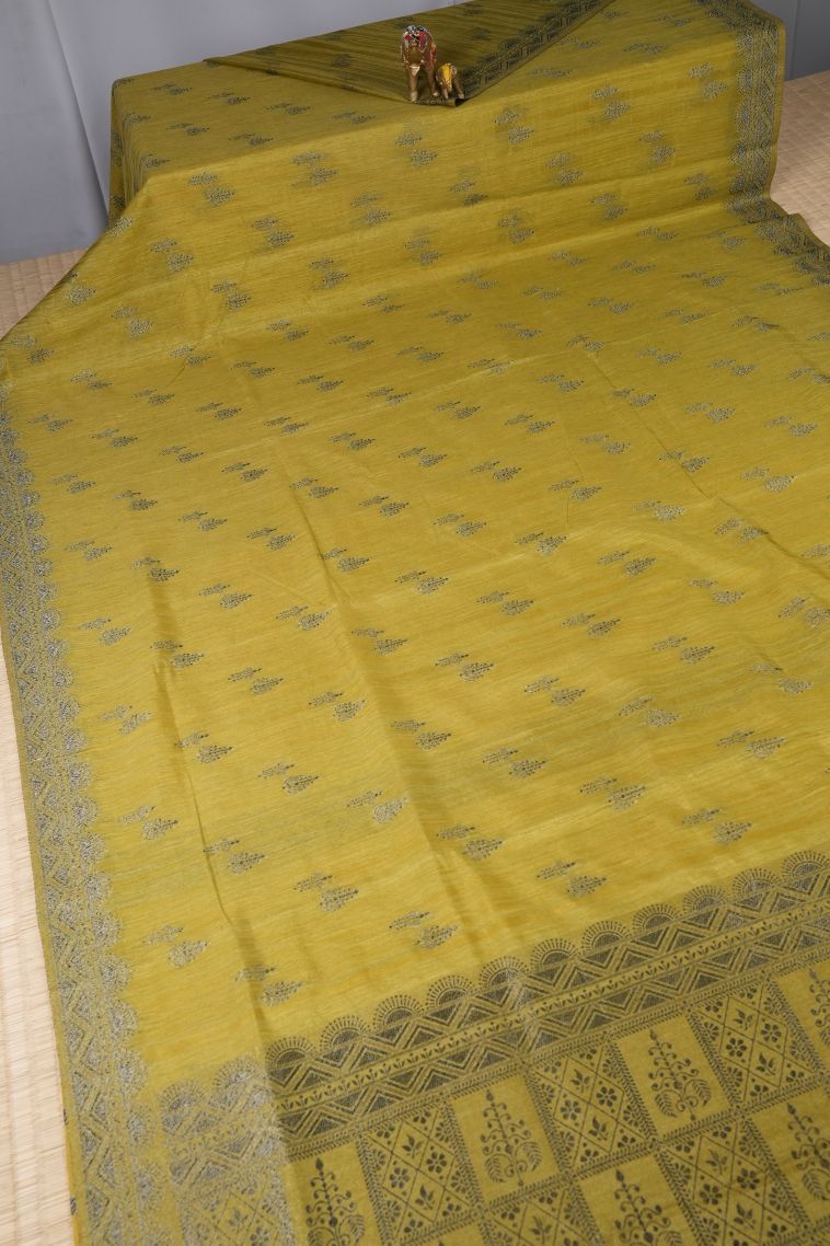 Latte Yellow Tussar Saree with Bronze Zari Buttis (small Dots Or Motifs) view 2