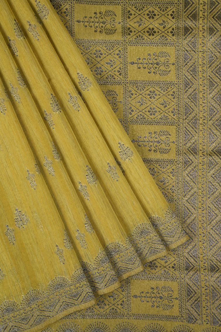 Latte Yellow Tussar Saree with Bronze Zari Buttis (small Dots Or Motifs) view 1