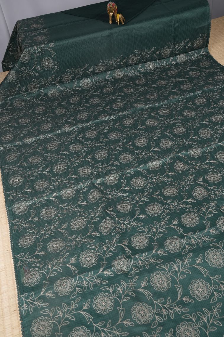 Aegean Blue Tussar Saree with Without Zari Zari Floral Patterns view 2