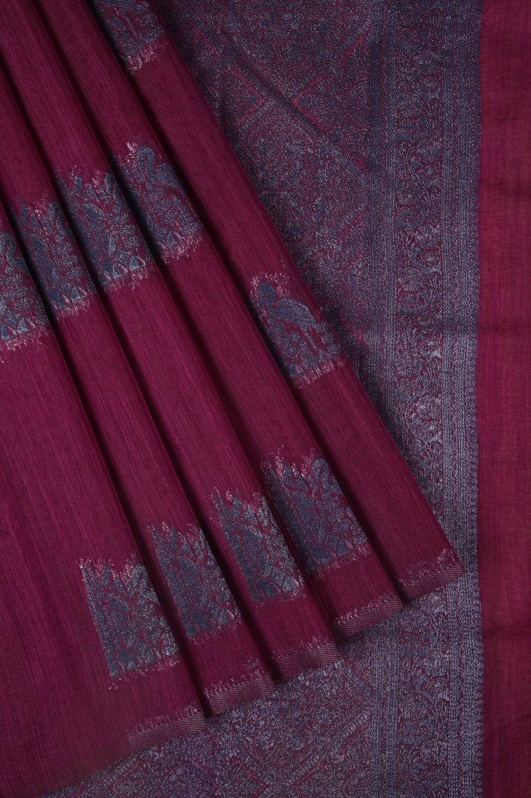 Magenta Purple Tussar Saree with Bronze Zari Buttis (small Dots Or Motifs) view 1