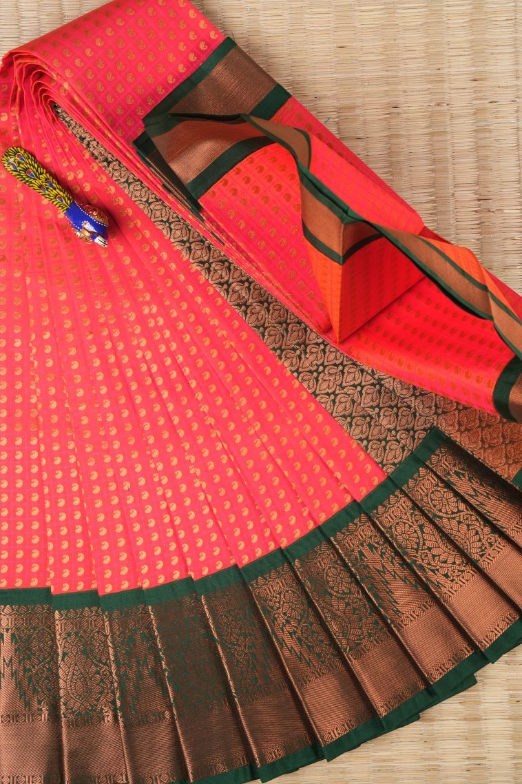 Hot Pink Visiri Madippu Silk Sarees with Copper Zari Buttis (small Dots Or Motifs) view 1