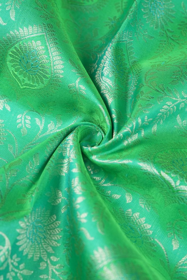 Mint Green Kanchipuram Silk Sarees with Gold Zari Floral Patterns view 4