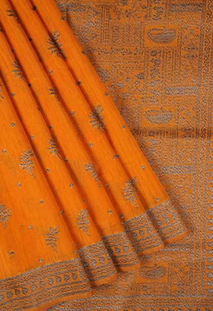 Merigold Orange Tussar Saree with Bronze Zari Buttis (small Dots Or Motifs)