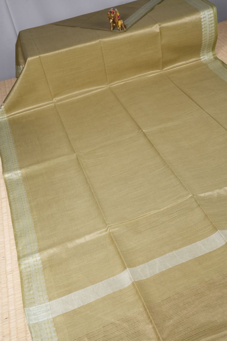 Olive Green Tussar Saree with Without Zari Zari Plain view 2