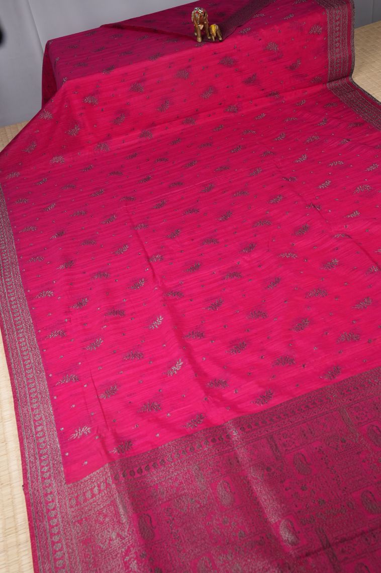 Hot Pink Tussar Saree with Bronze Zari Buttis (small Dots Or Motifs) view 2