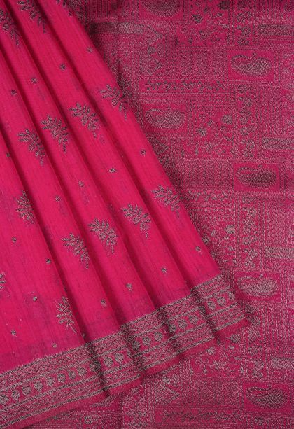 Hot Pink Tussar Saree with Bronze Zari Buttis (small Dots Or Motifs)