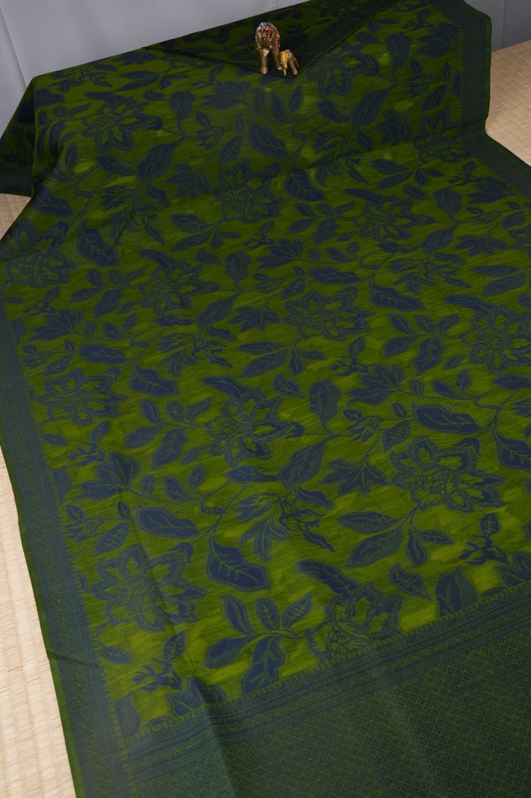 Basil Green Tussar Saree with Bronze Zari Floral Patterns view 2