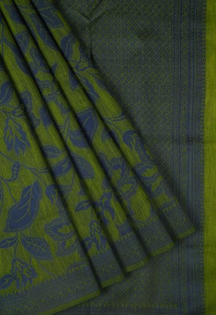 Basil Green Tussar Saree with Bronze Zari Floral Patterns