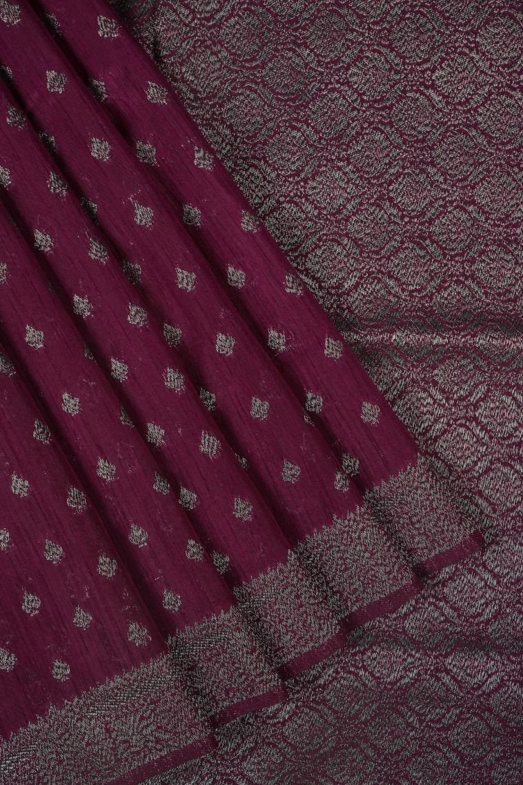 Bosenberry Purple Tussar Saree with Bronze Zari Buttis (small Dots Or Motifs) view 1