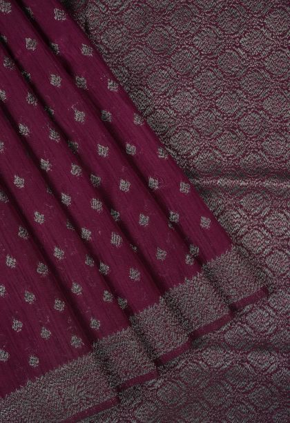 Bosenberry Purple Tussar Saree with Bronze Zari Buttis (small Dots Or Motifs)
