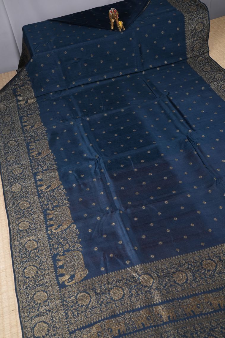 Peacock Blue Banaras Sarees with Gold Zari Buttis (small Dots Or Motifs) view 2