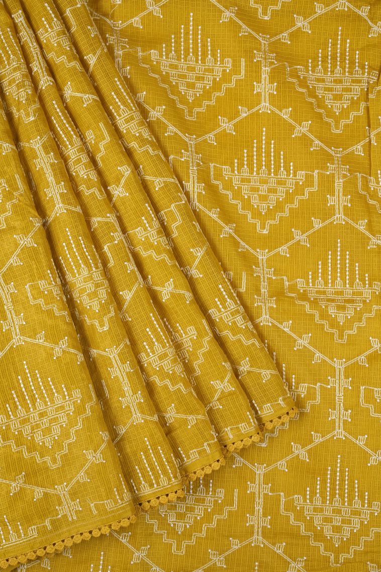 Lemon Yellow Organza Saree with Without Zari Zari Floral Patterns view 1