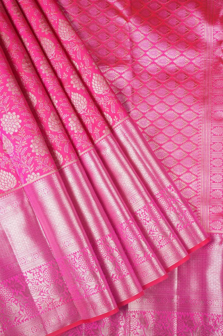 Bubblegum Pink Kanchipuram Silk Sarees with Silver Zari Floral Patterns view 1
